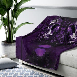 Elegant Gothic Skull Throw Blanket: Purple & Black Velveteen or Sherpa Fleece image 1