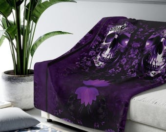 Elegant Gothic Skull Throw Blanket: Purple & Black Velveteen or Sherpa Fleece