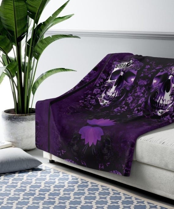 Elegant Gothic Skull Throw Blanket: Purple & Black Velveteen or Sherpa Fleece