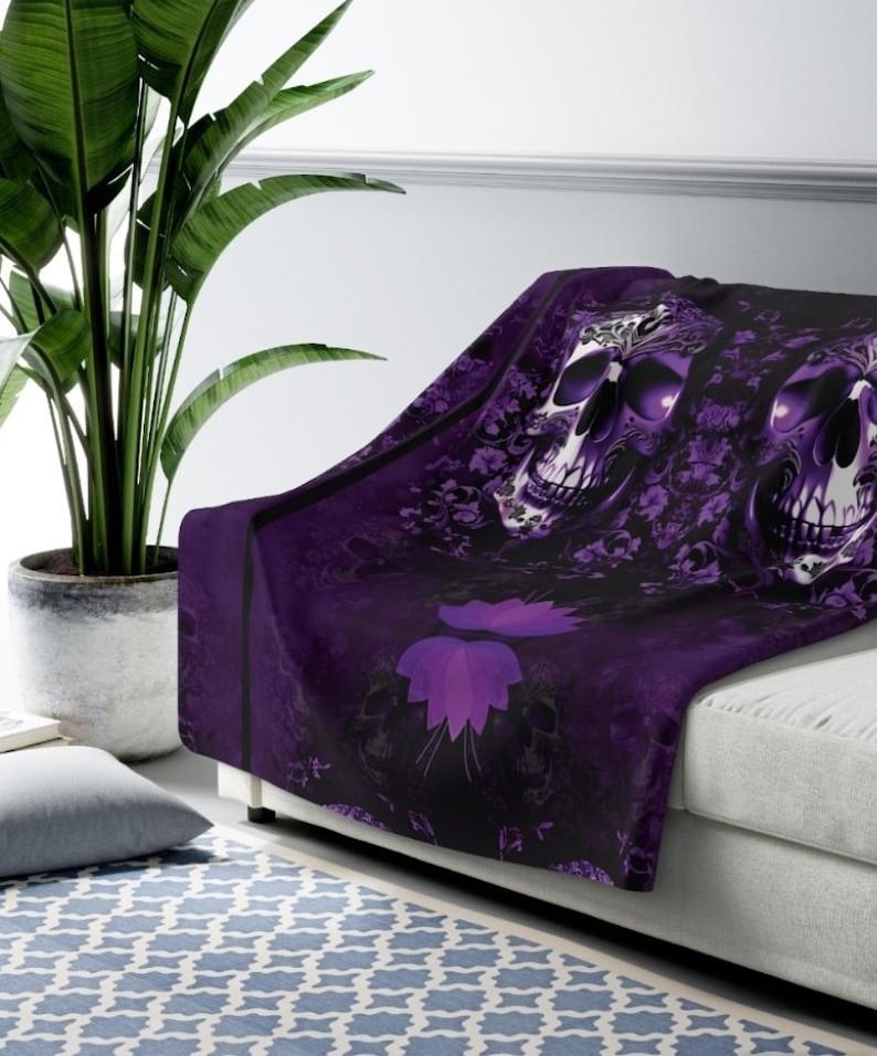 Elegant Gothic Skull Throw Blanket: Purple & Black Velveteen or Sherpa Fleece image 1