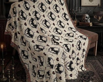 Gothic Bat Pattern Woven Throw Blanket — Cotton Fringe Blanket, Bat Home Decor, Gothic Gift, Woven Blanket