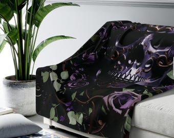 Gothic Skull Blanket: Dark Floral Throw, Purple Blooms