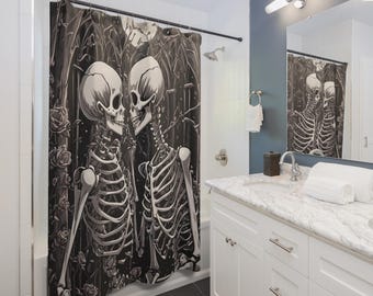 Cortina de ducha con esqueletos góticos enamorados - Decoración de baño de Valloween