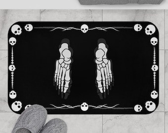 Alfombra de baño con huellas de esqueleto - Decoración gótica para el hogar - Alfombra de baño con esqueleto - Decoración gótica para el baño - Decoración de baño con temática de esqueleto - Alfombra con estampado de calavera