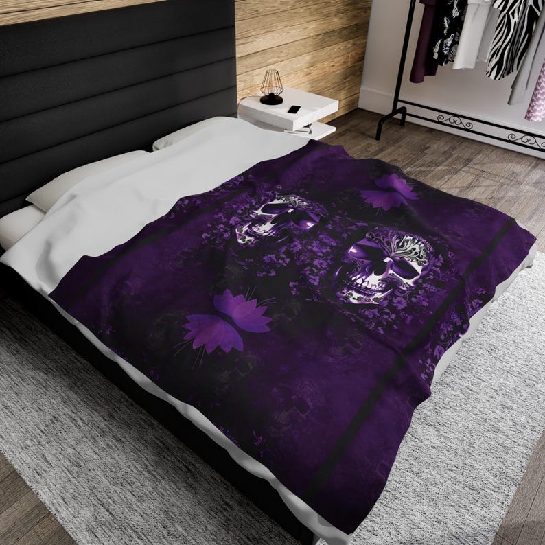 Elegant Gothic Skull Throw Blanket: Purple & Black Velveteen or Sherpa Fleece image 3