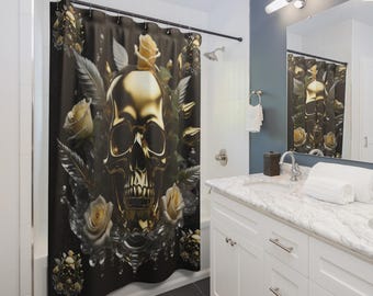 Black and Gold Skull Shower Curtain: Gothic Bathroom Decor
