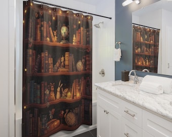 Cortina de ducha con estantería caprichosa - Decoración de baño para amantes de los libros de fantasía - Decoración para lectores de Romantasy