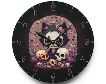 Reloj de pared gótico con cara de calavera y gato - Reloj gótico pastel con gato