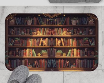 Alfombra de baño con estantería: decoración de baño para amantes de los libros