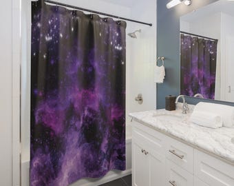 Cortina de ducha con diseño de galaxia gótica pastel: decoración de baño celestial en púrpura