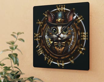 Steampunk Cat Wall Clock — Victorian Gear Art Print Clock