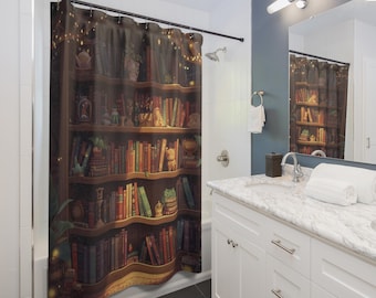 Cortina de ducha con estantería caprichosa - Decoración de baño para amantes de los libros - Decoración de fantasía para lectores