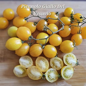 May include: A cluster of bright yellow Piennolo Giallo Del Vesuvio cherry tomatoes attached to green stems, with several tomatoes sliced in half to reveal the pale interior seeds and flesh, arranged on a light brown wooden surface.