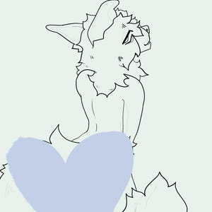 May include: Line art illustration of a stylized wolf-like creature with a heart-shaped blur covering its lower body. The creature has a fluffy mane and pointed ears, with details like fur and facial features drawn in black lines.