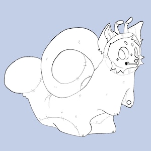 May include: Line art illustration of a cartoon character that is a hybrid of a snail and a canine. The character has a snail shell and a dog-like face with large eyes and pointed ears. The character is white with black outlines.