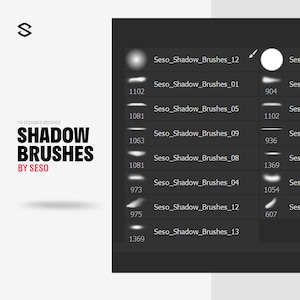 May include: A set of 15 digital shadow brushes for graphic design. The brushes are displayed in a digital interface with the names "Seso_Shadow_Brushes_12", "Seso_Shadow_Brushes_01", "Seso_Shadow_Brushes_05", "Seso_Shadow_Brushes_09", "Seso_Shadow_Brushes_08", "Seso_Shadow_Brushes_04", "Seso_Shadow_Brushes_12", "Seso_Shadow_Brushes_13" and their corresponding brush sizes.