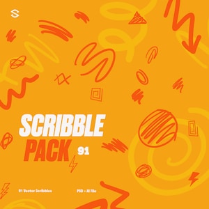 Puede incluir: Un fondo naranja brillante con 91 garabatos, remolinos y formas rojas. El texto "SCRIBBLE PACK 91" está en letras blancas y rojas. Los textos "91 Vector Scribbles" y "PSD + AI File" están en letras negras.