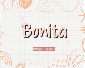 May include: A handwritten font called "Bonita" in a pink color with a white outline. The font is displayed on a white background with a grid pattern and various hand-drawn doodles in pink.