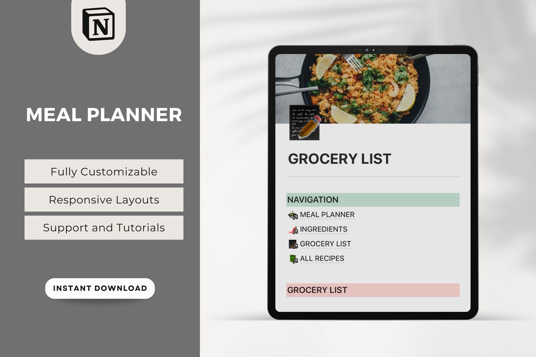 Notion Meal Planner Template-digital Meal Plan-notion Grocery - Etsy