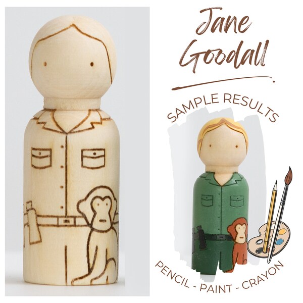 DIY Jane Goodall Wooden Peg Doll Montessori Craft Kit Learning Activity EYFS Small World Waldorf Education Inspirational