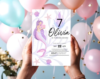 Invitación de sirena para fiesta de séptimo cumpleaños