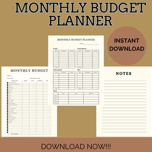 Peut inclure: Un planificateur de budget mensuel imprimable avec des sections pour les revenus, les dépenses fixes, les autres dépenses, les factures et un récapitulatif. Le planificateur comprend également une section de notes avec du papier ligné. Le texte "MONTHLY BUDGET PLANNER" et "INSTANT DOWNLOAD" est visible sur la page.