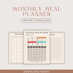 May include: A printable monthly meal planner with sections for breakfast, lunch, dinner, and snacks. It includes a calendar grid with circles for meal planning and a notes section.