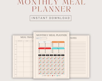 May include: A printable monthly meal planner with sections for breakfast, lunch, dinner, and snacks. It includes a calendar grid with circles for meal planning and a notes section.