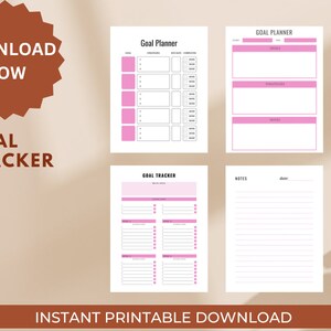 May include: Printable goal planner and tracker with pink accents. The planner includes sections for goals, strategies, notes, and a monthly goal tracker.