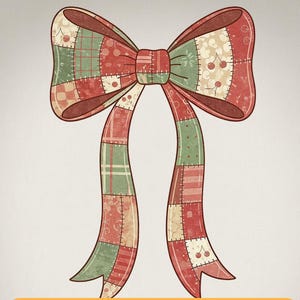 Può includere: Un grande fiocco decorativo con un design patchwork nei toni del rosso, verde e crema. Il fiocco presenta una varietà di motivi, tra cui ciliegie e quadri. L'immagine include il testo "PNG File - High Quality" e "+ Commercial License".