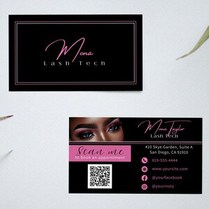 Modèle de Carte de visite personnalisable moderne pour technicienne en cils en noir et rose fuchsia, édition bricolage, entreprise de beauté 3,5 x 2 pouces, taille standard