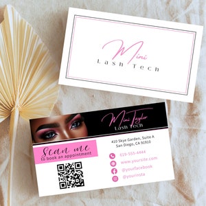 Modèle de carte de visite technique modifiable pour salon de beauté Modèle de cils moderne à faire soi-même en rose et blanc pour technicienne en esthétique