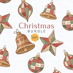 May include: A collection of Christmas-themed illustrations, including ornaments, bells, and stars. The designs feature a patchwork pattern in red, green, and cream colors. The words "Christmas BUNDLE" are displayed in a decorative font.