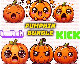 May include: A set of six cartoon pumpkin emojis with different facial expressions. The pumpkins are orange with green stems and have cute, large eyes. The text "PUMPKIN BUNDLE" and "twitch KICK" is displayed in the center of the image.