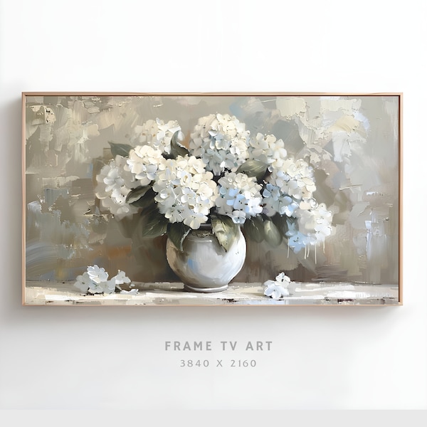 FRAME TV art White Hydrangeas still life, Samsung Frame tv art rustic farmhouse, Neutral floral tv ,Spring Samsung Frame tvartwork