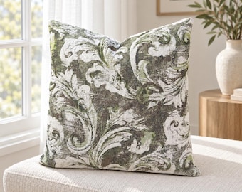 Olive Green Damask Pillow Cover, Woven Jacquard Decorative Cushion for Sofa