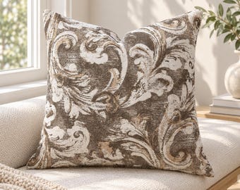 Brown and Ivory Damask Pillow Cover, Woven Jacquard, French Country Decor