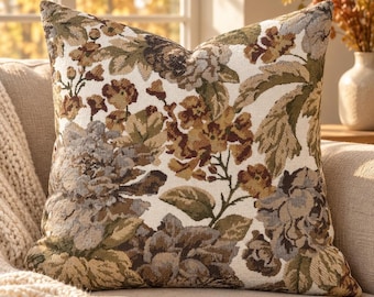 Woven Floral Jacquard Pillow Cover, Vintage Botanical Cushion, Beige Olive English Country Decor