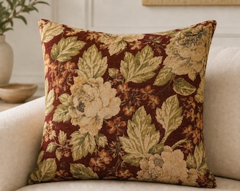 Burgundy Floral Jacquard Pillow Cover, Vintage Botanical Cushion, Rustic Cottagecore Home Decor