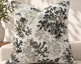 Forest Botanical Pillow Cover, Woven Jacquard, Green Woodland Decor, Rustic Cottagecore Accent