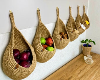 Jute Basket, Wall Hanging Basket for Kitchen Organizer and Vegetable Storage, Hanging Fruit Basket