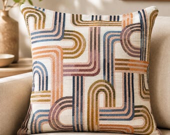 Retro Geometric Pillow Cover, Woven Jacquard Cushion, Mid Century Modern Throw Pillow, Boho Decor