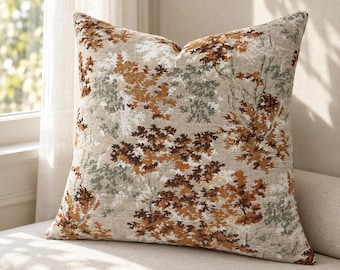 Rust Brown Botanical Pillow Cover, Neutral Jacquard Cushion, Textured Woven Fall Home Decor
