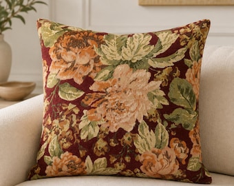 Burgundy Floral Jacquard Pillow Cover, Vintage Botanical Tapestry, Cottagecore Fall Home Decor