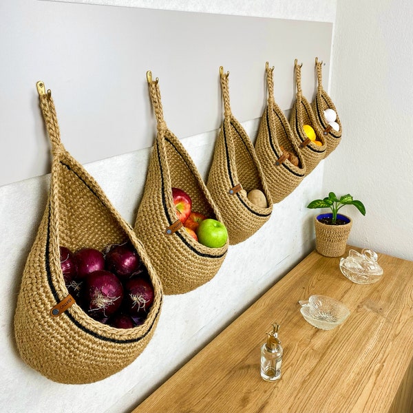Jute Basket, Wall Hanging Basket for Kitchen Organizer and Vegetable Storage, Hanging Fruit Basket