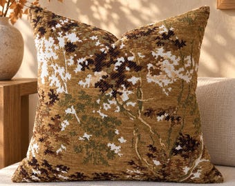 Woven Botanical Jacquard Pillow Cover, Olive Brown Tapestry Home Decor