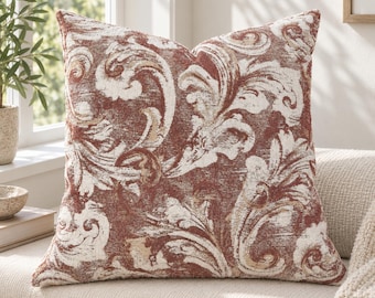Terracotta and Ivory Damask Pillow Cover, Woven Jacquard Cushion, French Country Decor