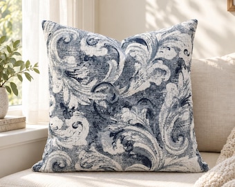 Blue and Ivory Damask Pillow Cover, Woven Jacquard, French Country Decor