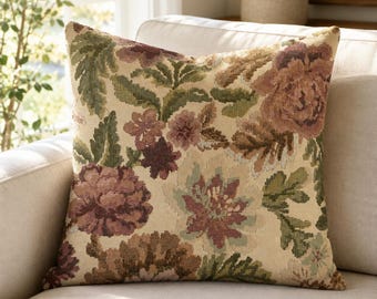 Beige Floral Jacquard Pillow Cover, Vintage Botanical Cushion, Cottagecore French Country Decor