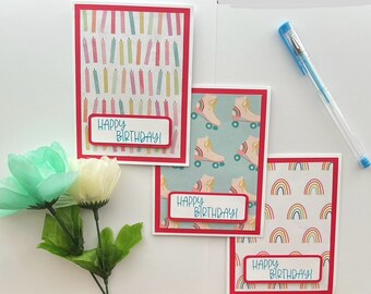 Roller Skate, Candle, and Rainbow Birthday Cards - 3 Pack